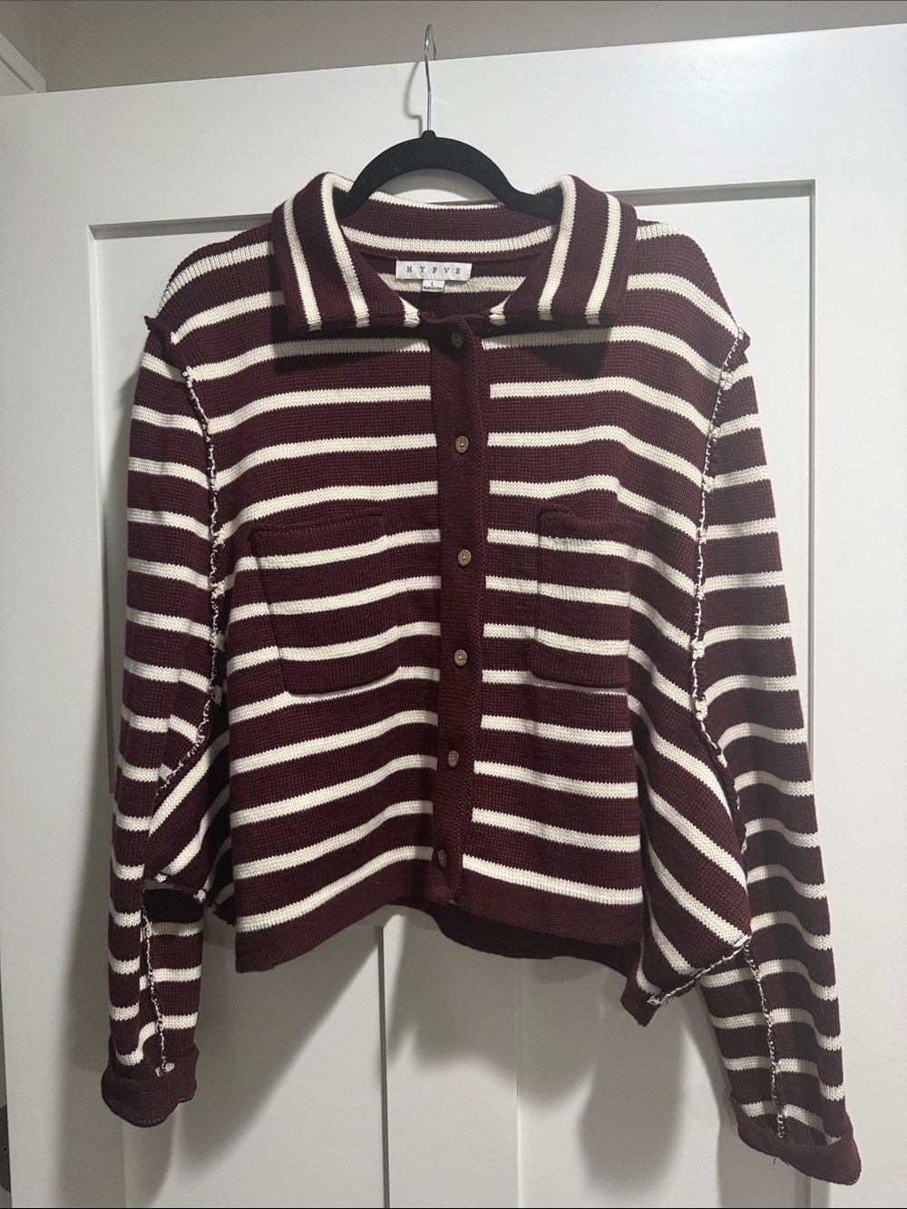 Striped Button-Front Sweater Jacket - Burgundy & Cream
